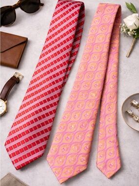 Ike Behar 100% Silk Tie Set of 2 Tailored in USA Red Geometric Pink Paisley